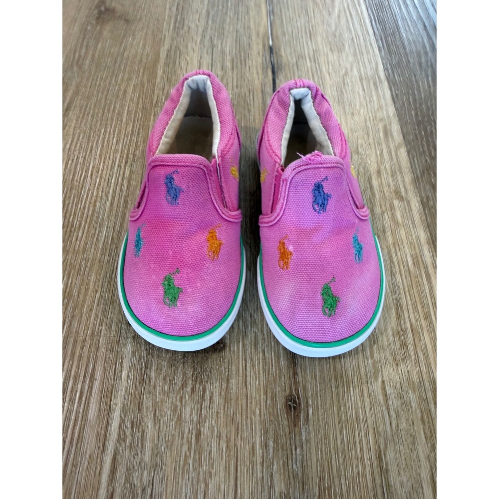 Polo Ralph Lauren Preppy Slip On Kids Size 6 Pink Canvas Multi Logo Sneakers